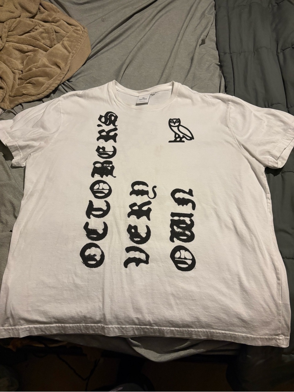 OVO White Short Sleeve Tee with Black Gothic Logo